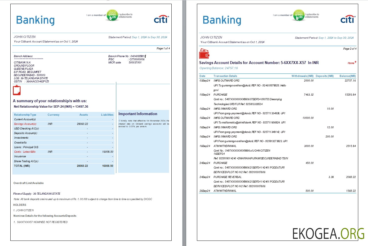 Relevé bancaire Inde Citibank, 6 pages, 1 2 scr
